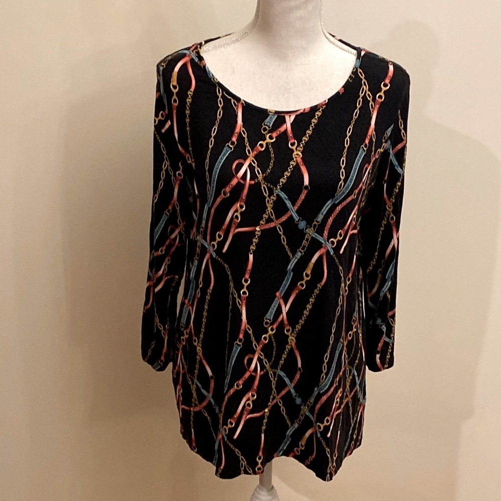 EST. 1946  Navy Knit Top with Cut Outs on Sleeves in Bright Colorful Pattern